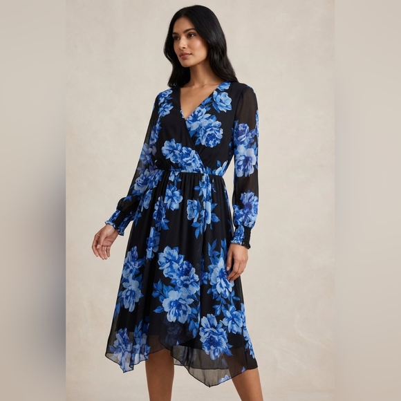 Mile Gabrielle Dresses & Skirts - Mile Gabrielle Womens Plus Size 3X Black & Blue Floral Long Sleeve Wrap Dress